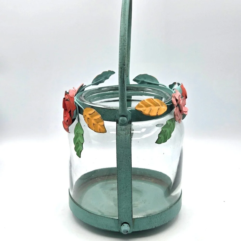 Green Metal Candle Holder Lantern with Flowers Cottagecore Garden‎ Decor
